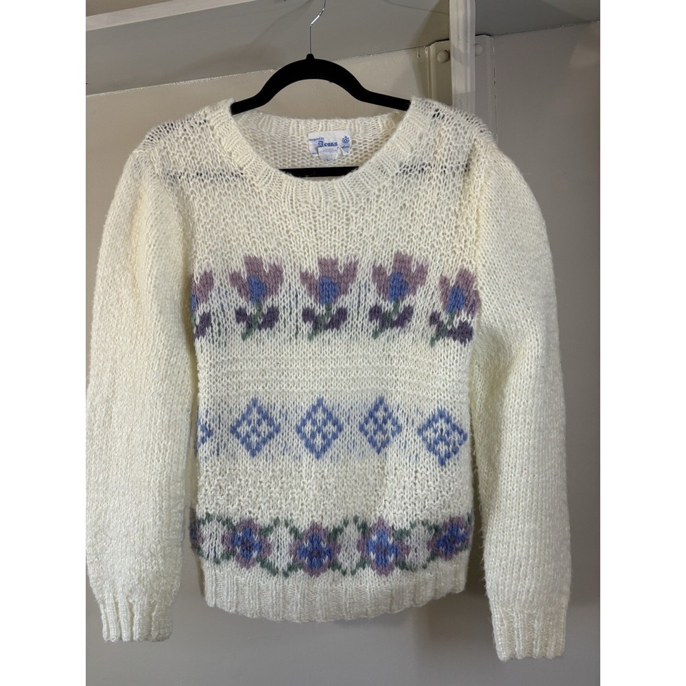 VTG DEANS OF SCOTLAND Ivory Floral‎ Sweater L 80's Acrylic